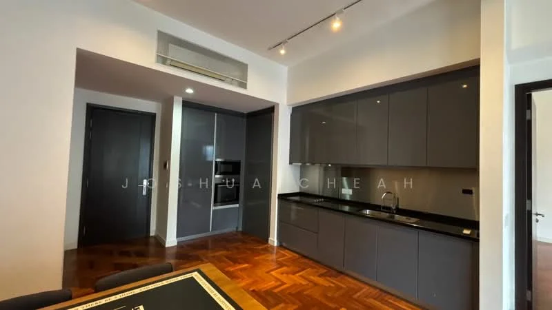 Kitchen features: dark grey cabinetry, black countertop, built-in oven, stainless-steel sink, chrome pull-down faucet, recessed downlights, parquet wood flooring, wall-mounted split AC; style: modern.