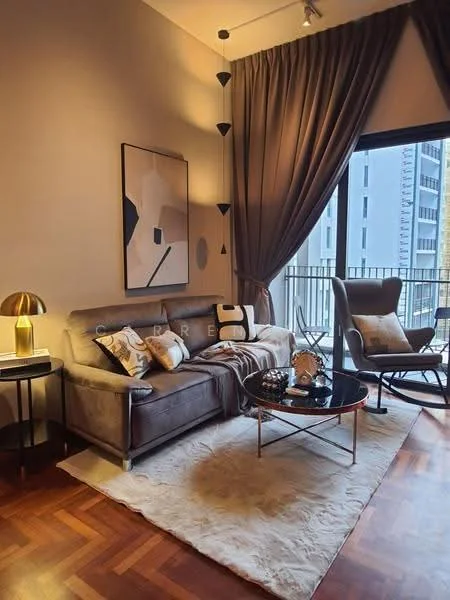 Living features: 3-seater fabric sofa in grey, coffee table, area rug, floor-to-ceiling windows, curtains, decorative cushions, wall art, wooden flooring, side table with lamp, accent chair; style: modern; view: city.
