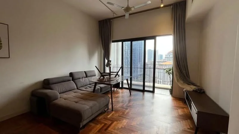 Living features: L-shape sectional sofa in grey, wooden coffee table, floor-to-ceiling sliding glass door, curtains, wooden TV console, parquet wood flooring, ceiling fan, decorative wall art; style: modern; view: city.
