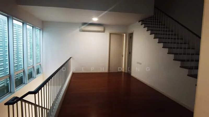 Room features: wood flooring, white painted walls, large windows with horizontal slats, staircase with wooden steps, wall-mounted air conditioning unit, handrail along the balcony, doorway leading to another room, recessed lighting; style: modern.
