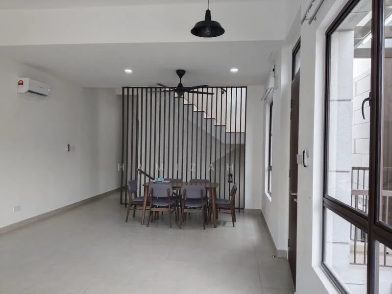Dining features: dining table with 6 chairs, wall-mounted air conditioning unit, 5-blade ceiling fan with light, recessed downlights, staircase with wooden railing, large windows, neutral tiled flooring, white painted walls; style: modern.