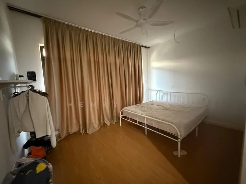 Bedroom features: wooden flooring, white painted walls, floor-to-ceiling curtains in beige, single bed frame in white, mattress on bed frame, ceiling fan, wall-mounted air conditioning unit, built-in wardrobe, clothes hanging on wall-mounted rack; style: minimalist.