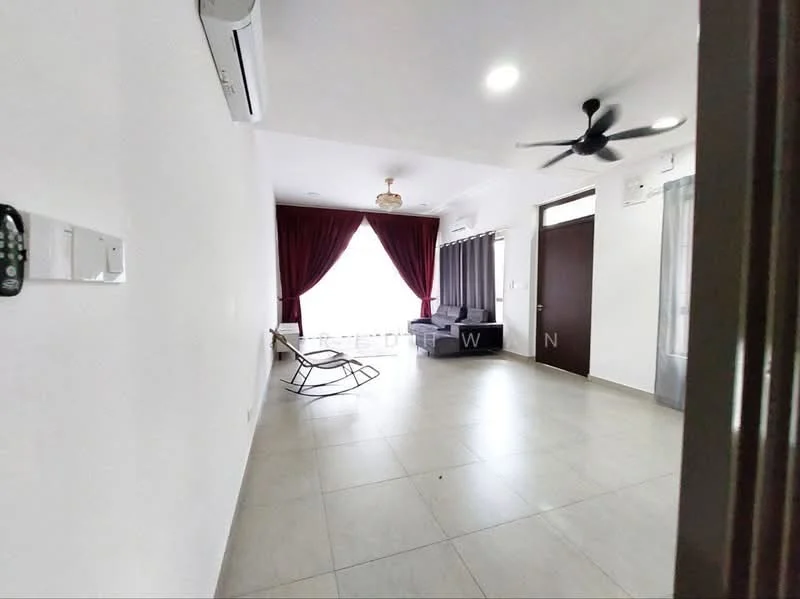 Living features: white painted walls, grey tiled flooring, 5-blade ceiling fan with light, large window with sheer curtains, dark brown door, reclining chair, sofa in dark fabric, curtains in burgundy, air conditioning unit on wall; style: modern.