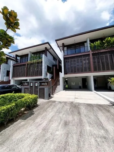 Exterior type: linked terrace house; features: two-storey building, white painted facade, wooden louvered balconies, landscaped front garden, manicured lawn, driveway with interlocking pavers, car porch, tropical landscaping, large windows, overhanging eaves, modern architectural design; style: modern.