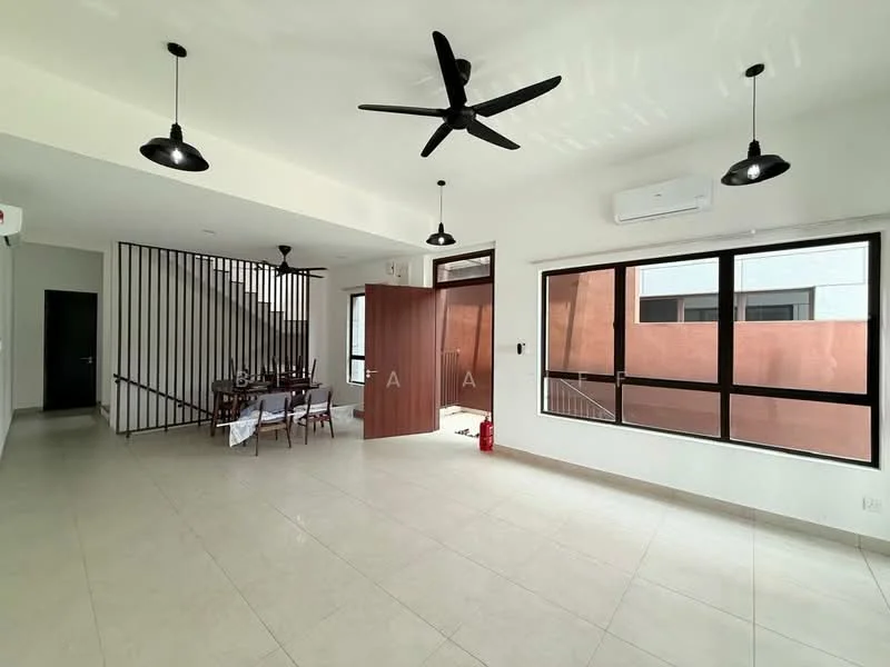 Living features: large windows, floor-to-ceiling windows, 2 ceiling fans, dining table with chairs, light-colored tile flooring, white painted walls, black pendant lights, open layout, fire extinguisher, staircase railing; style: modern; view: courtyard.