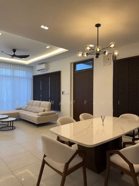 Dining features: 6-seater dining table with white tabletop, wooden dining chairs with upholstered seats, chandelier with multiple bulbs, recessed LED downlights, cream tiled flooring, white painted walls, large windows with sheer curtains, air conditioning unit on wall, ceiling fan with light, decorative wall paneling; style: modern. Living features: beige fabric sofa, coffee table with circular design, recessed LED downlights, cream tiled flooring, white painted walls, large windows with sheer curtains, air conditioning unit on wall, ceiling fan with light; style: modern.