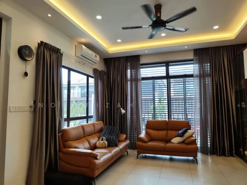 Living features: 2-seater brown leather sofa, 3-seater brown leather sofa, 5-blade ceiling fan with light, recessed LED downlights, floor-to-ceiling windows, sheer curtains, blackout curtains, wall clock, light-coloured wall, tile flooring; style: modern; view: garden.