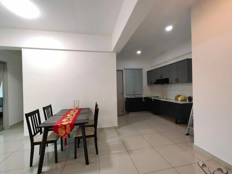Dining features: 6-seater dining table, black wooden dining chairs, red table runner, white walls, tile flooring, recessed ceiling lights; style: modern. Kitchen features: L-shaped kitchen layout, black cabinetry, white countertop, built-in stove, exhaust hood, tile backsplash, window with blinds; style: modern.