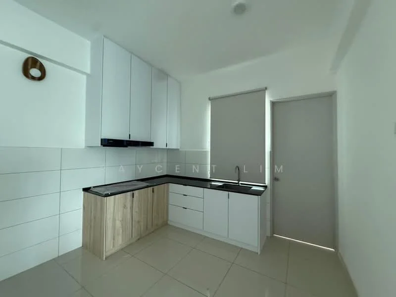 Kitchen features: white upper cabinets, wood lower cabinets, black granite countertop, single-bowl stainless-steel sink, chrome pull-down faucet, ceramic tile flooring, white tiled backsplash, built-in oven, recessed downlights, window with roller blinds; style: modern.