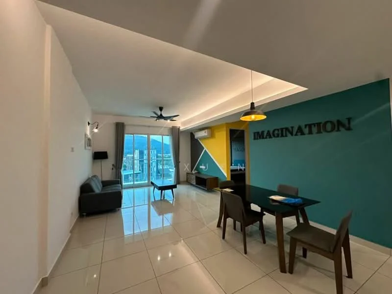 Living features: white painted walls, grey accent wall, polished ceramic tile flooring, 5-blade ceiling fan with light, recessed LED downlights, floor-to-ceiling windows, sliding glass door, dining table with 4 chairs, sofa in grey, decorative wall art, air conditioning unit; style: modern; view: city.