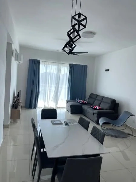 Living features: grey fabric sofa, black dining table with marble top, 6 black upholstered dining chairs, pendant light fixture with geometric design, floor-to-ceiling windows, blue curtains, white painted walls, glossy tile flooring, wall-mounted TV, air conditioning unit; style: modern.