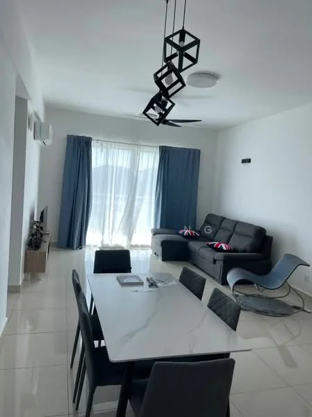 Living features: grey fabric sofa, black dining table with white marble top, 6 black upholstered dining chairs, modern pendant light fixture, 5-blade ceiling fan, floor-to-ceiling windows with sheer curtains, blue curtains, white painted walls, glossy tile flooring, TV console, decorative cushions with Union Jack pattern, area rug; style: modern; view: city.