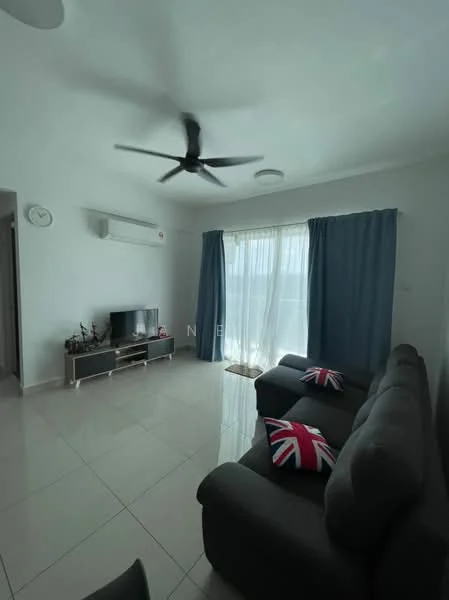 Living features: grey fabric sofa, 2-seater sofa, British flag throw pillows, wall-mounted TV, TV console, floor-to-ceiling windows, sheer curtains, blue curtains, 1 wall-mounted split AC, recessed downlights, glossy tile flooring, clock on wall, ceiling fan; style: modern.