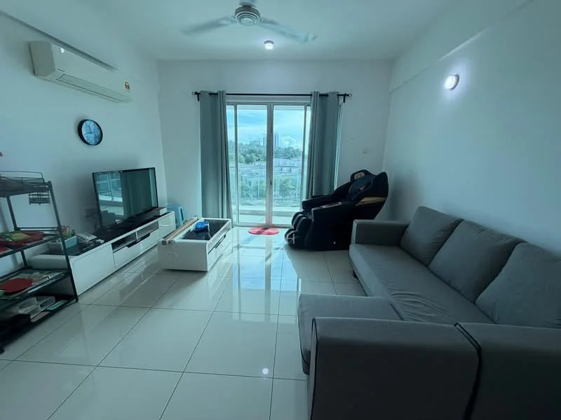 Living features: grey fabric sofa, black recliner chair, white TV console, wall-mounted TV, glass coffee table, floor-to-ceiling windows, sheer curtains, white painted walls, ceiling fan with light, tile flooring, decorative wall clock; style: modern; view: city.