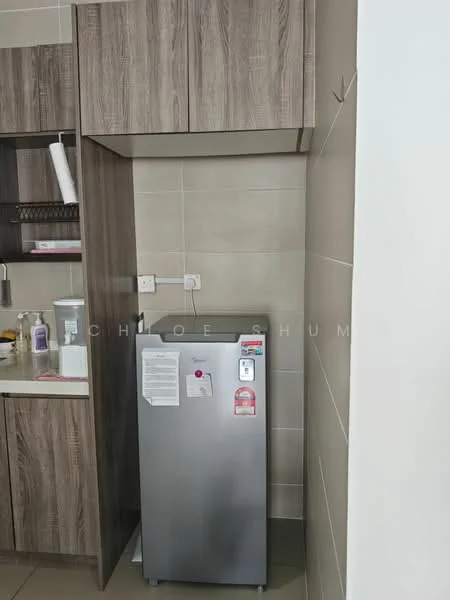Kitchen features: stainless-steel fridge, wood cabinetry, light grey tiled walls, white countertop, under-cabinet lighting, open shelving, neutral tile flooring; style: modern.