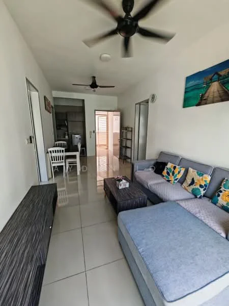 Living features: grey fabric sectional sofa, decorative cushions with floral pattern, wooden coffee table, TV console, wall-mounted TV, ceiling fan, recessed ceiling lights, white painted walls, glossy tile flooring, framed artwork on wall, open shelving unit, dining table with white chairs; style: modern.
