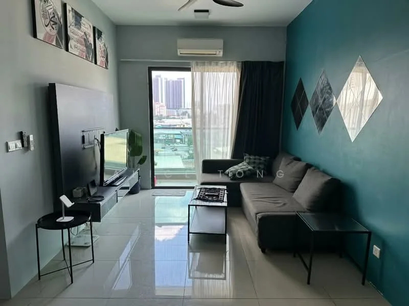 Living features: grey fabric L-shape sectional sofa, black coffee table, wall-mounted TV, TV console, floor-to-ceiling windows, sheer curtains, recessed downlights, ceiling fan, decorative wall mirrors, blue accent wall, white painted walls, glossy tile flooring, air conditioning unit; style: modern; view: city.
