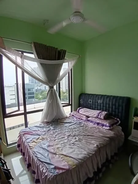 Bedroom features: green painted walls, queen-size bed with upholstered headboard, bedding with floral pattern, floor-to-ceiling windows, sheer curtains, ceiling fan, nightstand, decorative pillows; view: city.
