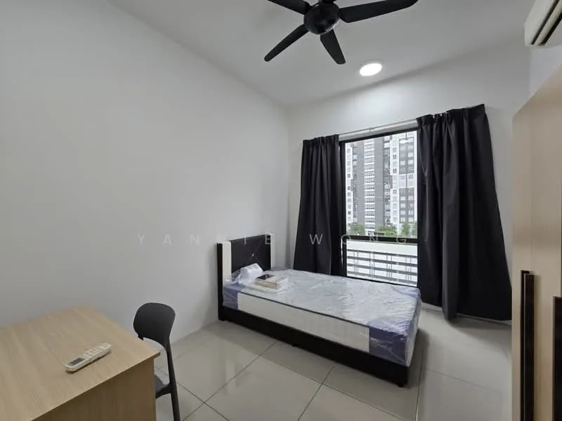 Bedroom features: white painted walls, tile flooring, 5-blade ceiling fan, floor-to-ceiling window, blackout curtains, single bed, wooden bedside table, study desk, chair; style: modern; view: city.