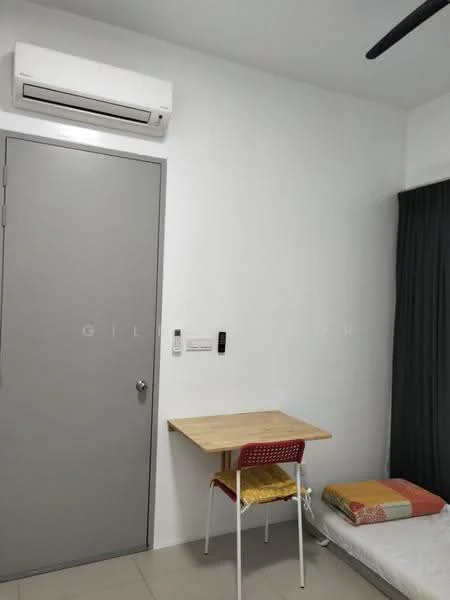 Room features: white painted walls, grey door, 1 wall-mounted split AC, small wooden table with red legs, grey flooring, black curtains, single bed with mattress, yellow and red bedding; style: modern.