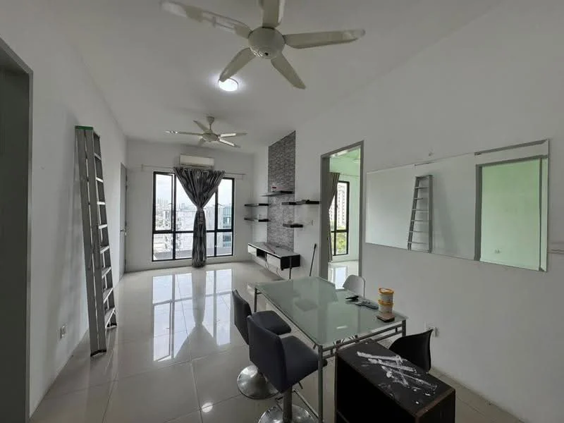 Living features: white painted walls, glossy tile flooring, 5-blade ceiling fan with light, floor-to-ceiling windows, curtains, wall-mounted shelves, glass dining table, 4 upholstered dining chairs, decorative wall mirror, air conditioning unit; style: modern; view: city.