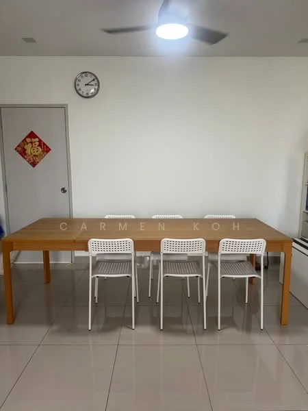 Dining features: wooden dining table, 6 white plastic dining chairs, wall clock, white painted walls, tile flooring, ceiling fan with light, doorway to another room; style: modern.