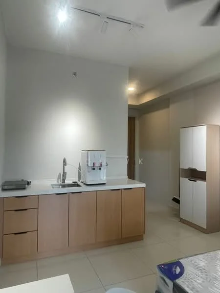 Kitchen features: light wood cabinetry, white countertop, stainless-steel sink, chrome faucet, water dispenser, built-in refrigerator, tile flooring, recessed lighting, wall-mounted cabinets, open shelving; style: modern.