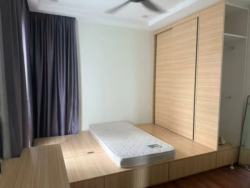 Bedroom features: wooden flooring, built-in wardrobe, sliding door wardrobe, wall-mounted mirror, grey curtains, ceiling fan, platform bed base, neutral painted walls; style: modern.