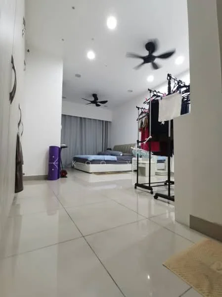 Bedroom features: white painted walls, polished ceramic tile flooring, 5-blade ceiling fan, queen-size bed, sofa, curtains, clothing rack, glass side table; style: modern.