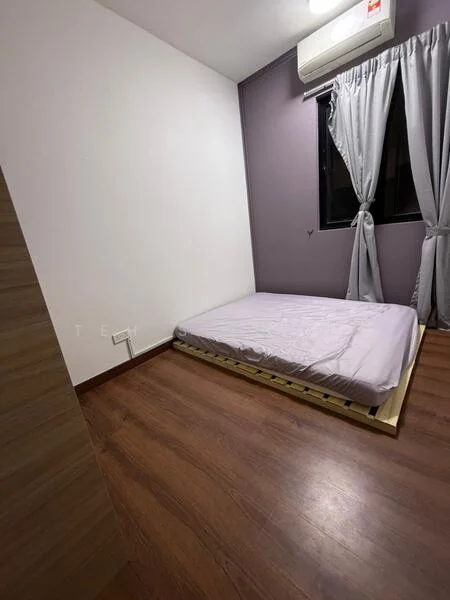 Bedroom features: purple accent wall, white painted walls, laminate flooring, single bed frame with mattress, floor-to-ceiling window, grey curtains, wall-mounted split AC; style: modern.