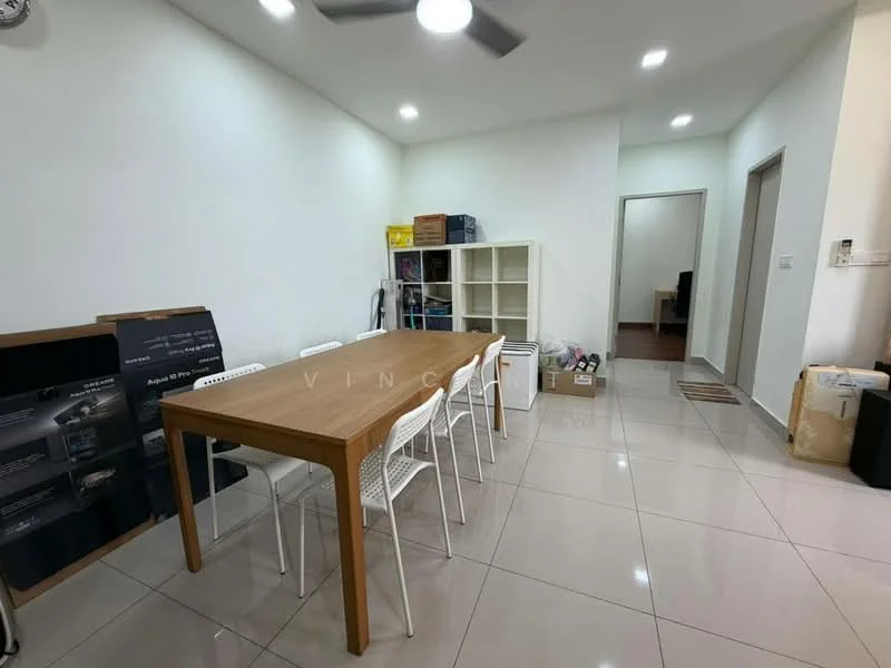 Dining features: rectangular wooden dining table, 6 white plastic dining chairs, white painted walls, glossy ceramic tile flooring, ceiling fan, recessed LED downlights, open shelving unit, doorway leading to hallway, decorative wall art, storage boxes in background; style: modern.