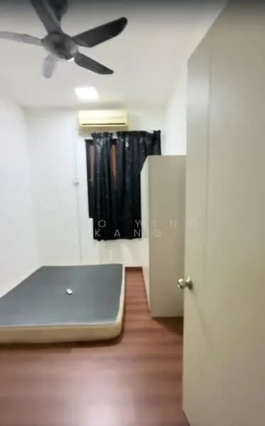 Bedroom features: wooden flooring, white painted walls, ceiling fan, wall-mounted air conditioning unit, blackout curtains, single bed mattress on the floor, built-in wardrobe, door leading to hallway.