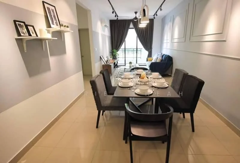 Dining features: 6-seater dining table, black dining chairs, decorative table setting with plates and cutlery, grey area rug, wall-mounted shelf with framed photos, white painted walls with paneling, large window with sheer curtains, recessed ceiling lights, pendant light fixture, sofa in background, decorative wall art; style: modern; view: city.