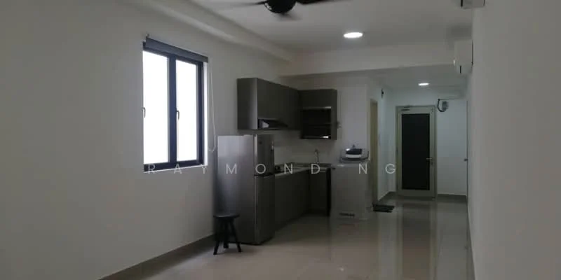 Kitchen features: grey cabinetry, stainless-steel fridge, built-in kitchen countertop, single-bowl stainless-steel sink, chrome pull-down faucet, ceramic tile flooring, wall-mounted split AC, 5-blade ceiling fan, window with black frame, open layout, neutral wall colour; style: modern. Room features: ceramic tile flooring, neutral wall colour, doorway leading to hallway.