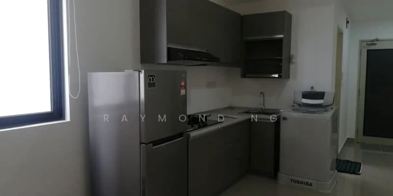 Kitchen features: grey cabinetry, stainless-steel fridge, built-in oven, 4-burner gas hob, single-bowl stainless-steel sink, chrome pull-down faucet, exhaust hood, countertop with backsplash, washing machine, tile flooring, window with natural light; style: modern.