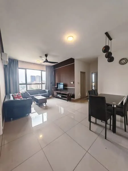 Living features: 3-seater black leather sofa, 2-seater black leather sofa, coffee table, wall-mounted TV, floor-to-ceiling windows, curtains, ceiling fan with light, recessed downlights, white walls, glossy tile flooring, decorative wall clock; style: modern; view: city. Dining features: 4-seater dining table, black dining chairs, pendant lighting, white walls, glossy tile flooring; style: modern; view: city.