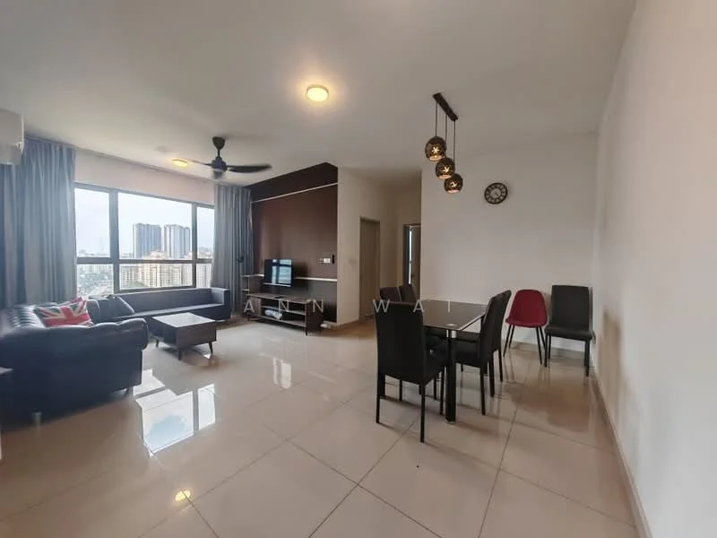 Living features: 3-seater leather sofa in black, 2-seater fabric sofa in grey, coffee table, TV console, wall-mounted TV, area rug, ceiling fan, recessed downlights, floor-to-ceiling windows, curtains, dining table with 4 chairs, decorative wall clock; style: modern; view: city.
