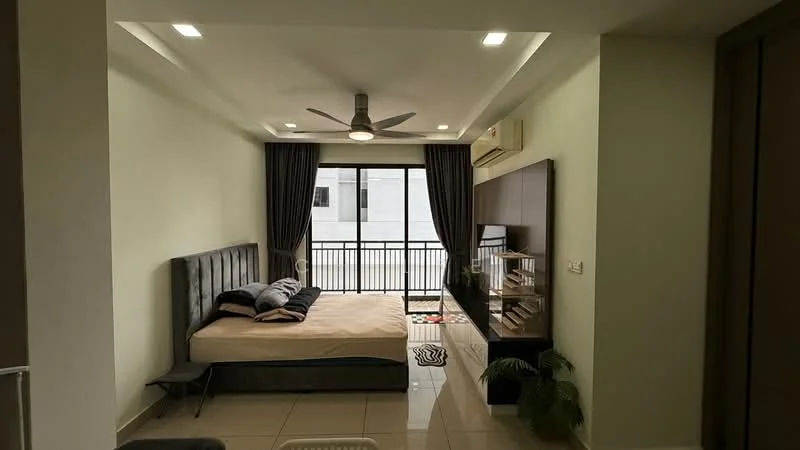 Bedroom features: king-size bed, upholstered headboard, 2 bedside pillows, ceiling fan with integrated LED light, floor-to-ceiling windows, blackout curtains, wooden flooring, wall-mounted TV unit, decorative shelving, green potted plant, area rug with geometric pattern; style: modern; view: city.