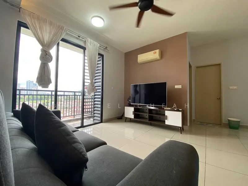 Living features: 3-seater fabric sofa in grey, flat-screen TV on console, white TV console with storage, floor-to-ceiling windows, sliding glass door to balcony, ceiling fan with light, recessed ceiling light, cream painted walls, glossy tile flooring, air conditioning unit on wall, curtains for window treatment; style: modern; view: city.