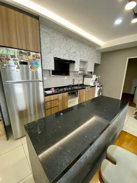 Kitchen features: stainless-steel fridge, black granite countertop, wood cabinetry with light wood finish, white marble backsplash, built-in microwave, built-in oven, ceramic tile flooring, recessed downlights, single-bowl stainless-steel sink, chrome pull-down faucet, open shelving, washing machine, kitchen island with seating; style: modern.