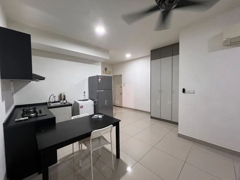 Kitchen features: black kitchen cabinets, white countertop, gas stove, stainless-steel fridge, white dining table, 2 white chairs, grey tiled flooring, wall-mounted air conditioning unit, built-in cabinets, ceiling fan; style: modern.