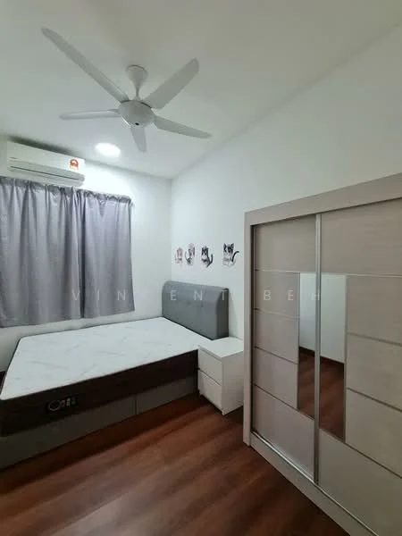 Bedroom features: queen-size bed, upholstered headboard, bedside table, sliding mirror wardrobe, ceiling fan, wall-mounted split AC, grey curtains, wooden flooring, decorative wall art; style: modern.