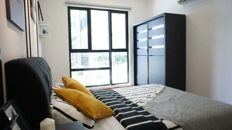 Bedroom features: king-size bed with black upholstered headboard, striped bedding in grey and white, two yellow accent pillows, black wardrobe with slatted design, floor-to-ceiling windows, white walls, wooden flooring, wall-mounted air conditioning unit; style: modern; view: garden.