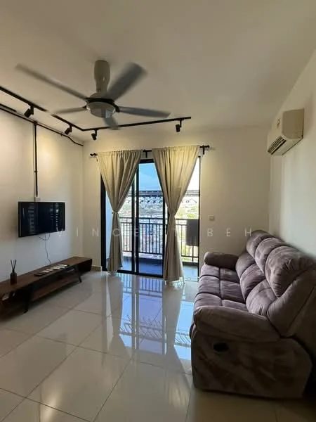 Living features: 3-seater fabric sofa in light grey, wall-mounted TV, wooden TV console, floor-to-ceiling windows, sheer curtains, ceiling fan with light, recessed downlights, glossy tile flooring, balcony view, air conditioning unit; style: modern; view: city.