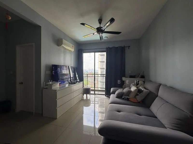 Living features: grey fabric L-shape sectional sofa, white TV console, wall-mounted flat-screen TV, 5-blade ceiling fan with light, sliding glass door, floor-to-ceiling windows, blackout curtains, glossy tile flooring, decorative cushions, air conditioning unit; style: modern; view: city.