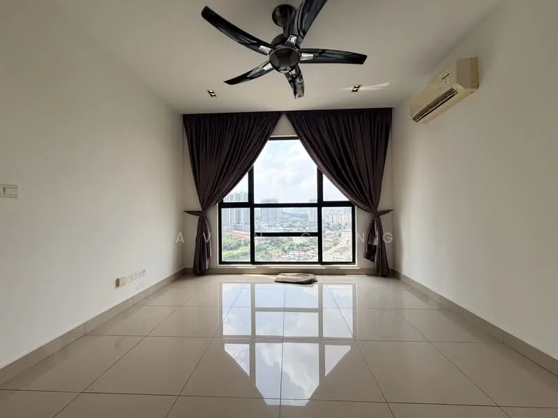 Living features: large floor-to-ceiling window, blackout curtains, 5-blade ceiling fan with light, wall-mounted split AC, cream painted walls, glossy ceramic tile flooring, neutral color scheme, city view, minimalist decor, no visible furniture; style: modern; view: city.