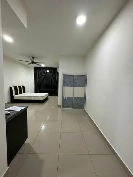 Bedroom features: queen-size bed, upholstered headboard, 2 bedside lamps, built-in wardrobe with sliding doors, ceiling fan, white painted walls, glossy tile flooring, floor-to-ceiling windows with black curtains, decorative wall panel, neutral color scheme; style: modern; view: city.