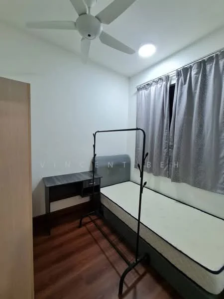 Bedroom features: white painted walls, wooden flooring, 5-blade ceiling fan, window with grey curtains, single bed frame without mattress, clothes rack, study desk, desk chair; style: modern.