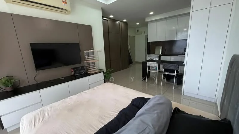 Bedroom features: king-size bed, upholstered headboard, wall-mounted TV, white cabinetry, dark wood accent wall, recessed lighting, floor-to-ceiling windows, air conditioning unit, ceramic tile flooring, decorative plant on nightstand; style: modern. Kitchen features: white cabinetry, black countertop, stainless-steel sink, built-in oven, freestanding range oven, dining table with chairs, refrigerator, open layout, ceramic tile flooring; style: modern.