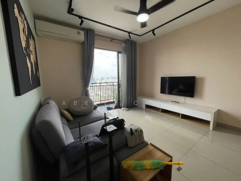Living features: 3-seater fabric sofa in grey, wooden coffee table, wall-mounted TV, TV console in white, floor-to-ceiling windows, curtains in light grey, ceiling fan, air conditioning unit, light-colored tiled flooring, decorative wall art, black metal shelving unit; style: modern; view: city.